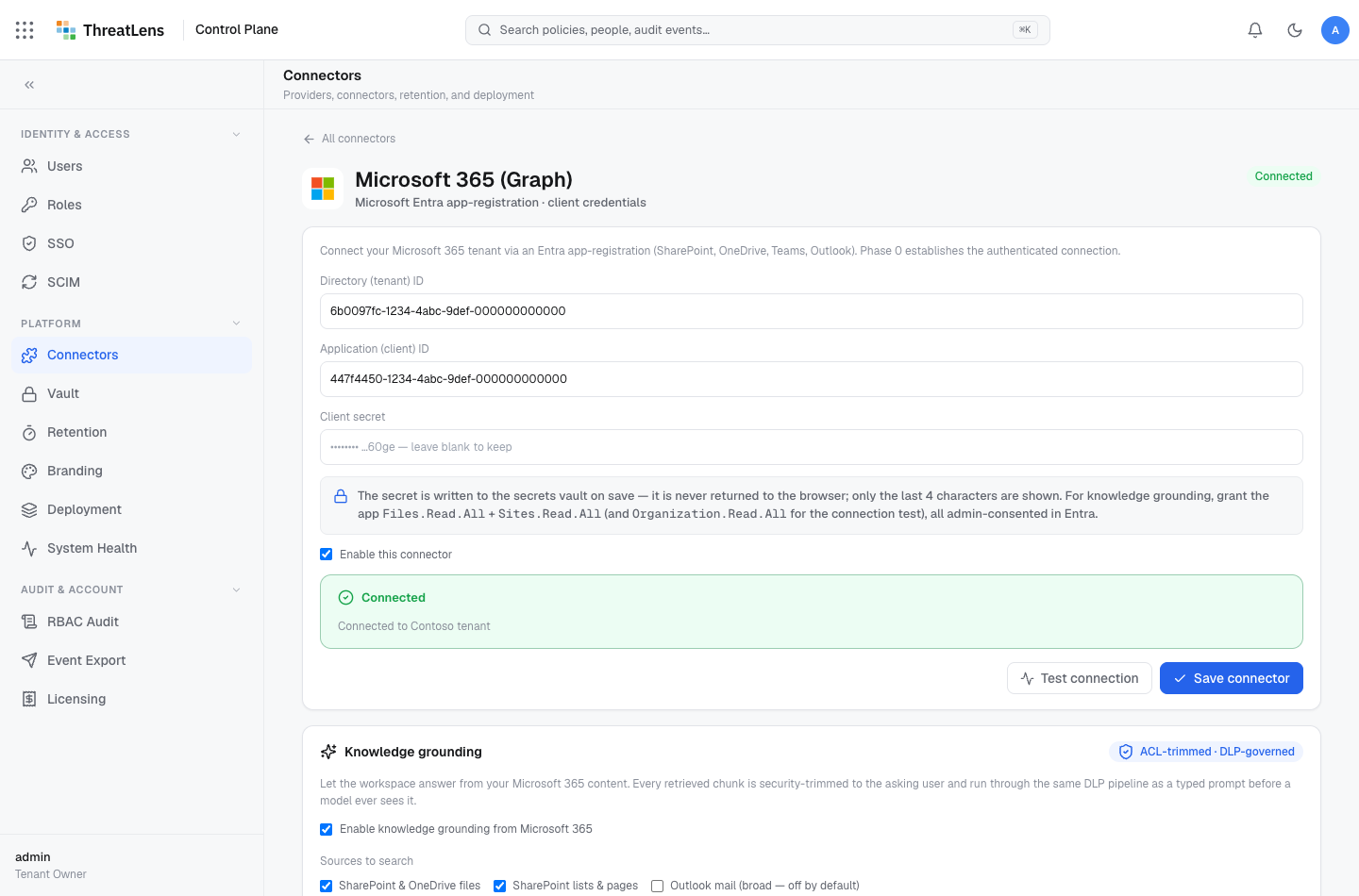 The Microsoft 365 connector — tenant ID, client ID, client secret, Test connection, and the knowledge-grounding section.