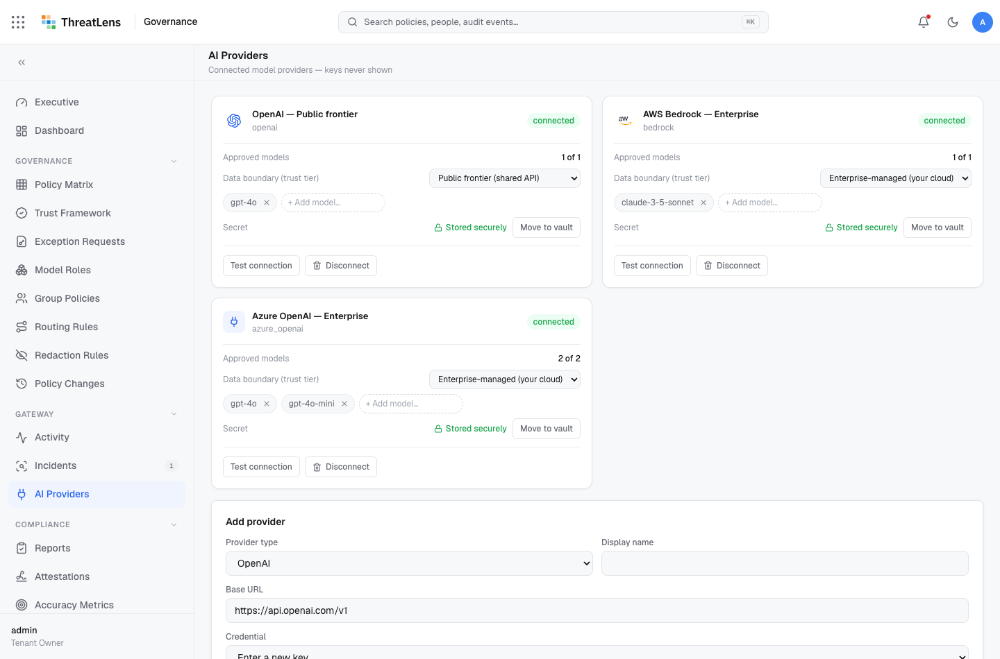 AI providers — connected model destinations and their trust tiers.