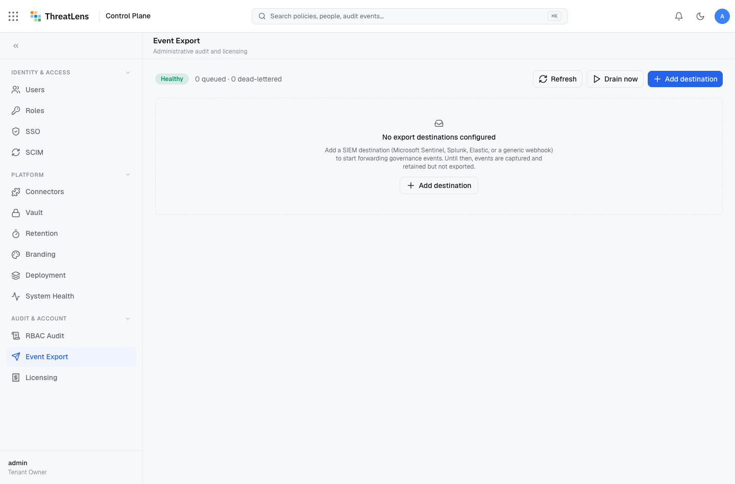 Event export — forward governance events to your SIEM or download them.