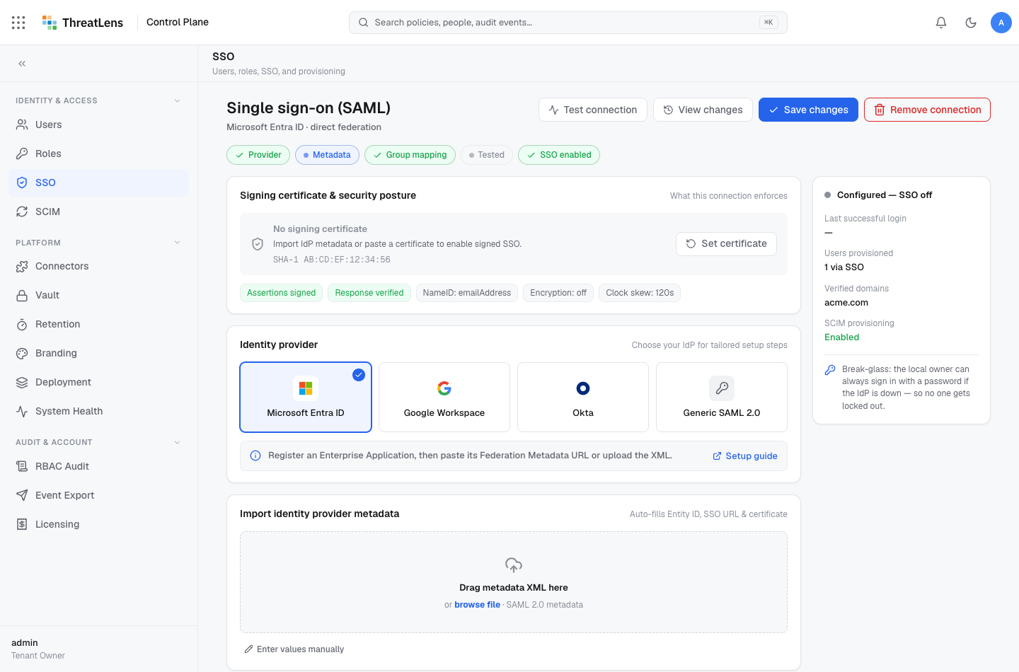Single sign-on — provider configuration and group-to-role mappings.