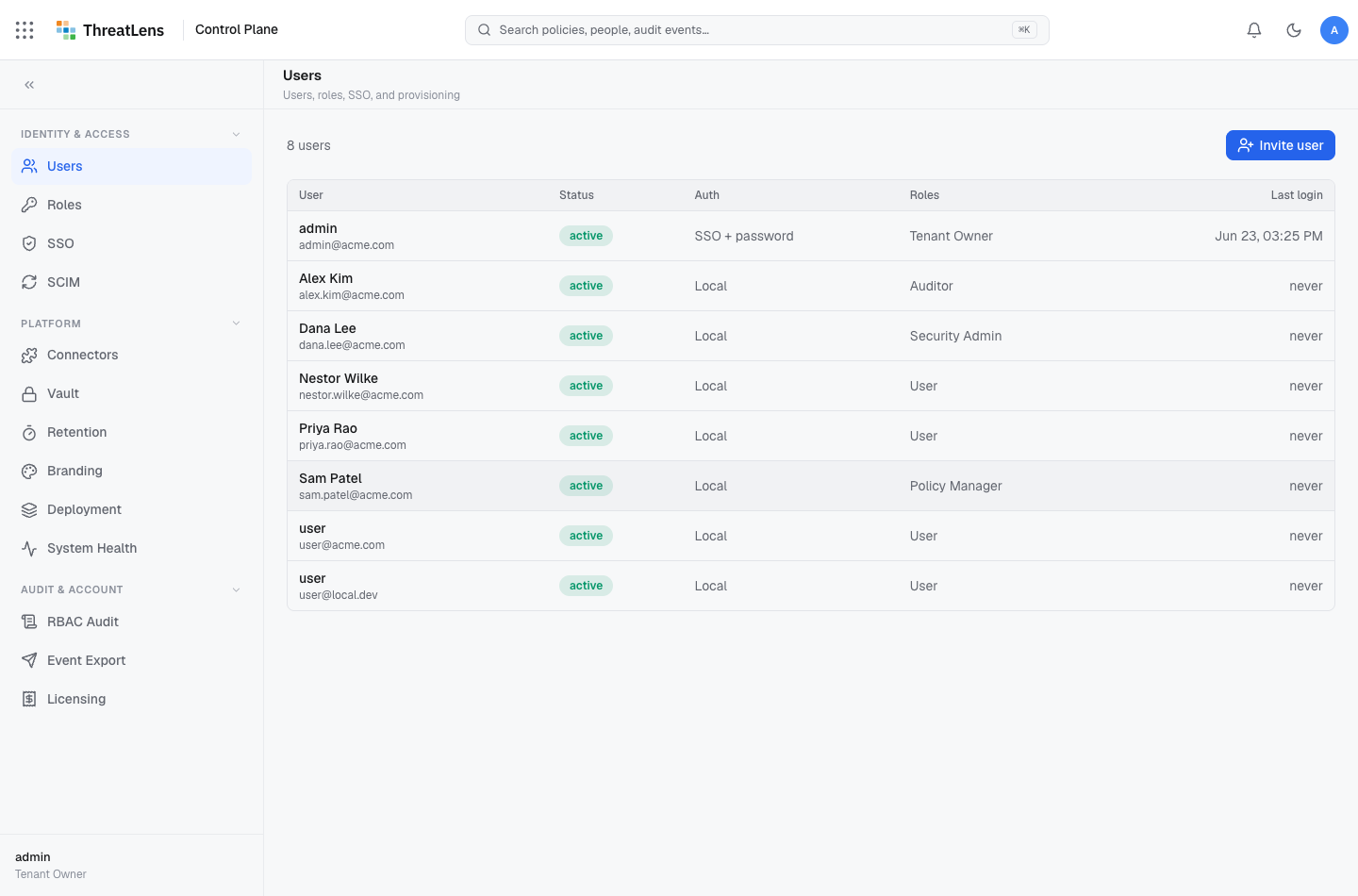 Users — assign a role directly, or let SSO group mappings assign it on sign-in.