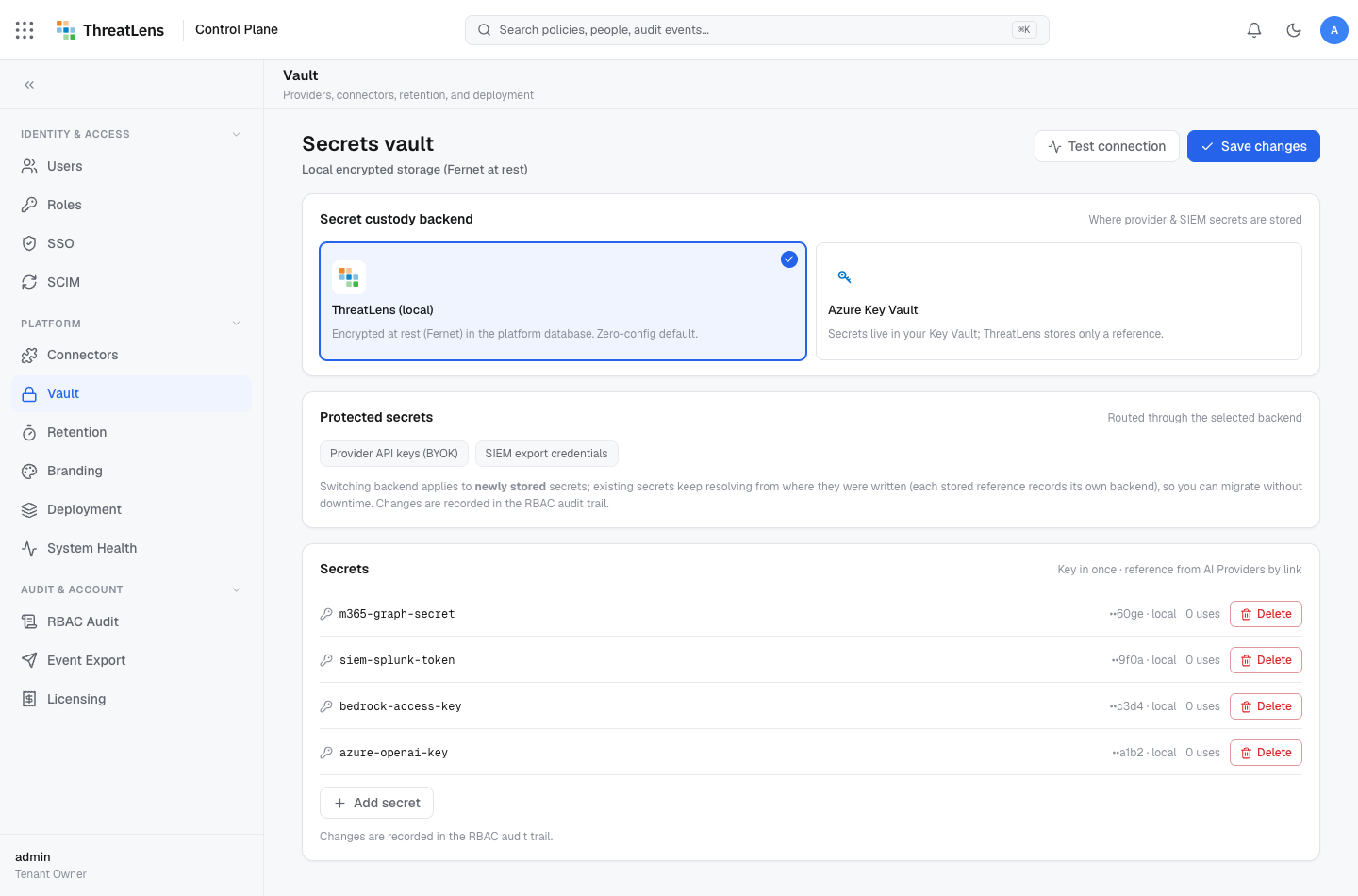 The vault — choose a backend and manage stored secrets.