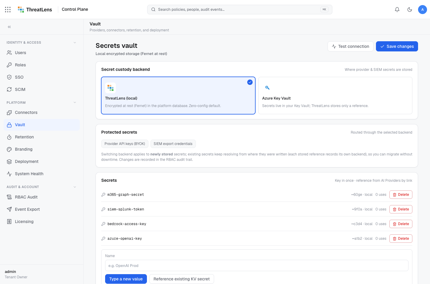 Adding a secret — name it and key in the value (or reference an existing Key Vault secret).