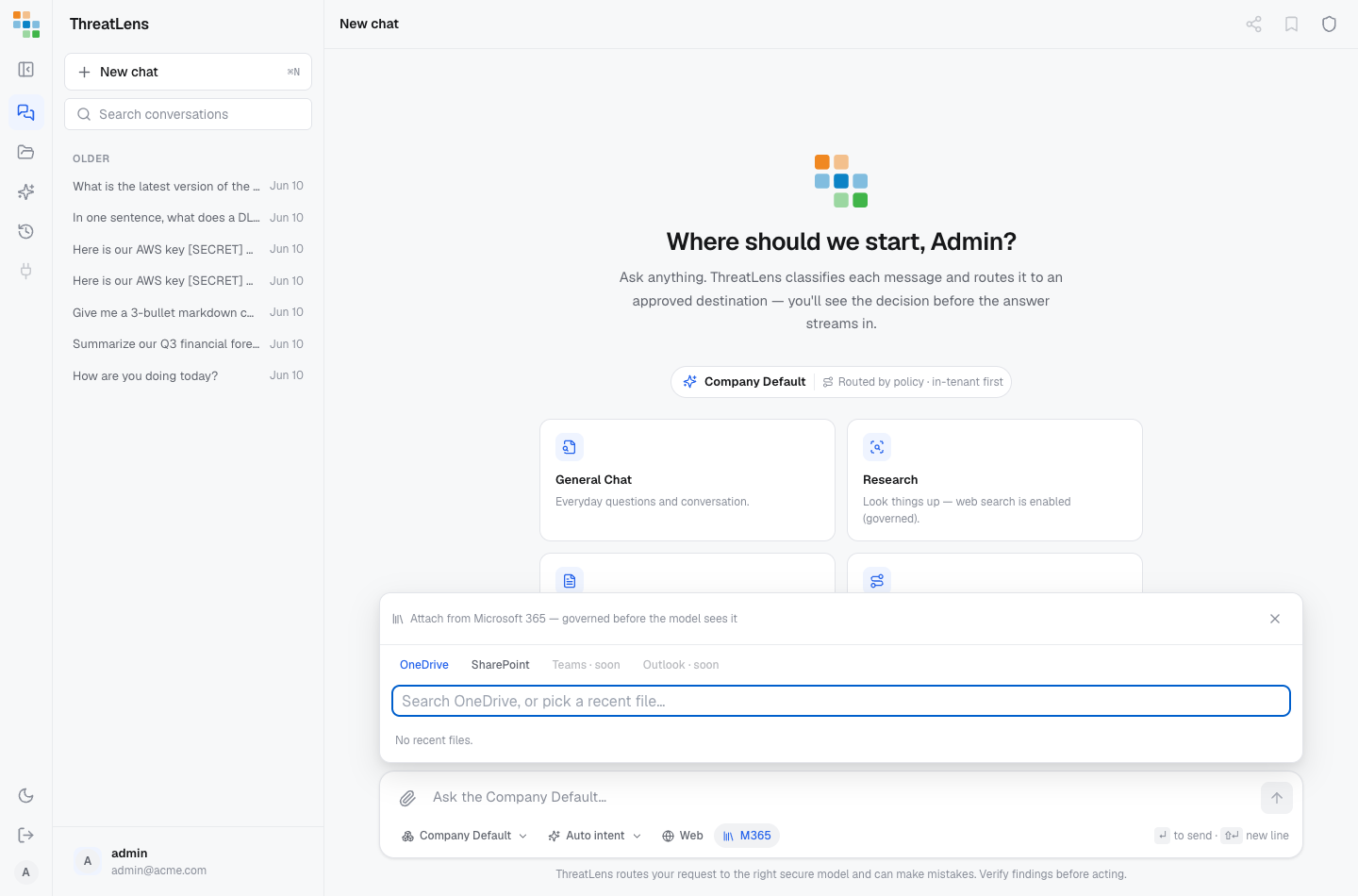 The Microsoft 365 source picker — choose OneDrive or SharePoint and pick a file to ground on.