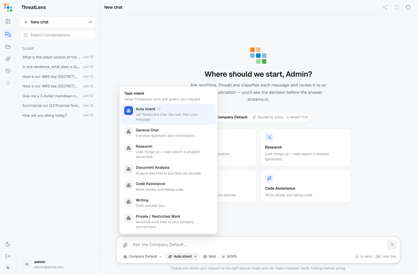 Choosing an intent — Auto, General chat, Research, Document analysis, Code assistance, and more.