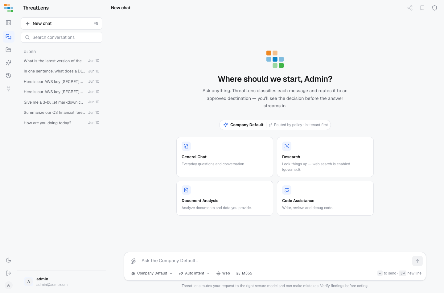 The workspace — start a chat, pick an intent, and see the decision before the answer.
